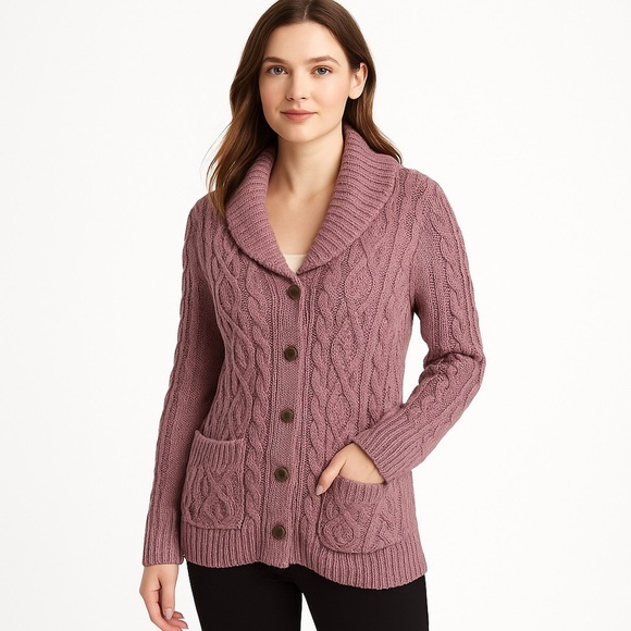 Etcetera Cable Knit Shawl Collar Cardigan Dusty Lilac Cottagecore S Cozycore - Picture 2 of 8